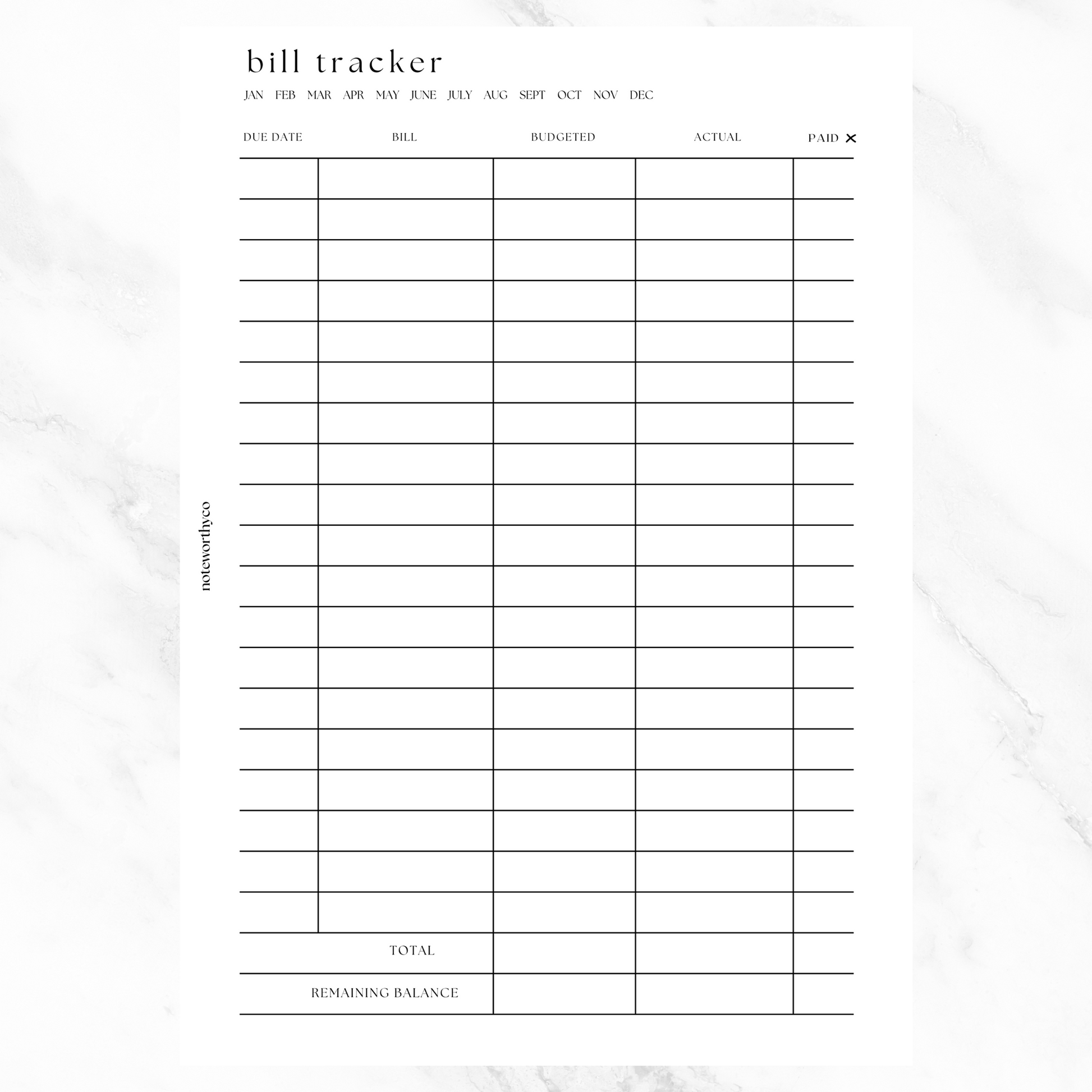 Bill Tracker PRINTABLE Noteworthyco